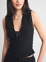 Abercrombie & Fitch Black Smocked Tie Front Set Top - Image 3 of 6