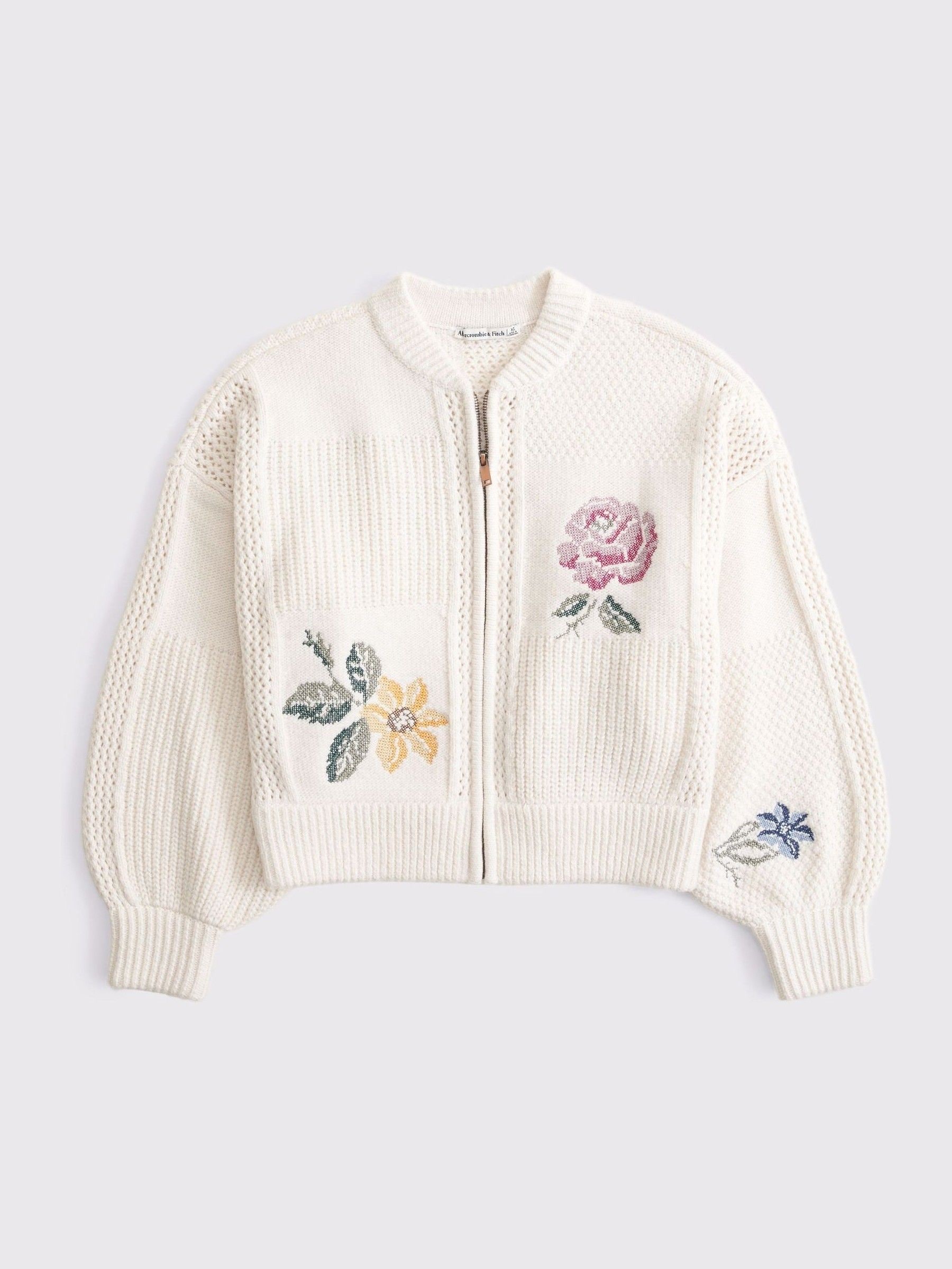ジャケット・アウター FLOWER EMBROIDERY KNIT JACKET Buy Abercrombie & Fitch Cream Needlepoint Floral Jumper Jacket