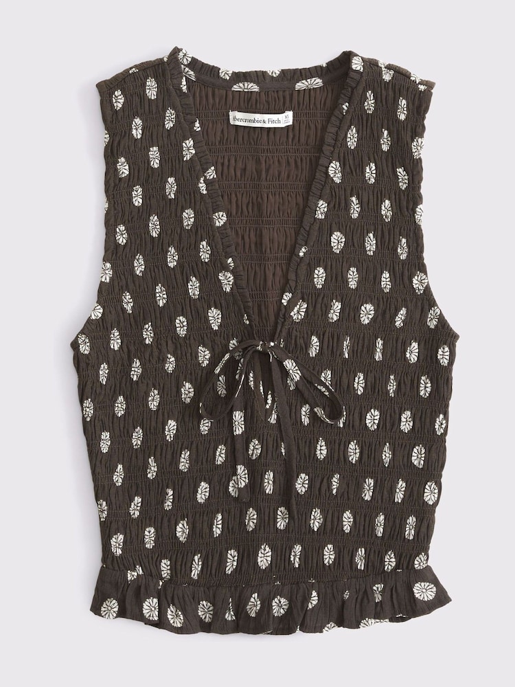 Abercrombie & Fitch Brown Smocked Tie Front Set Top - Image 6 of 6