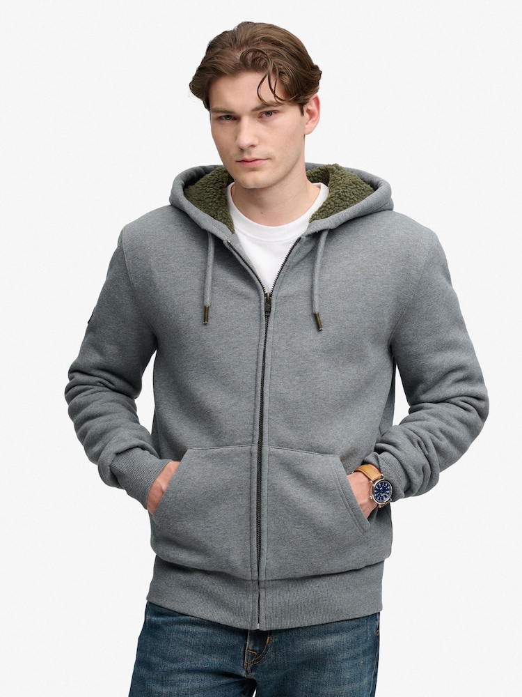 Superdry Grey Borg Lined Zip Hoodie - Image 1 of 6 Superdry Grey Borg Lined Zip Hoodie - Image 1 of 6