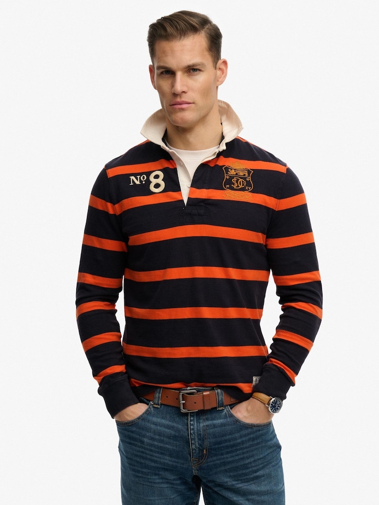 Superdry Navy Blue & Orange Stripe Double Emblem Stripe Rugby Shirt - Image 1 of 7