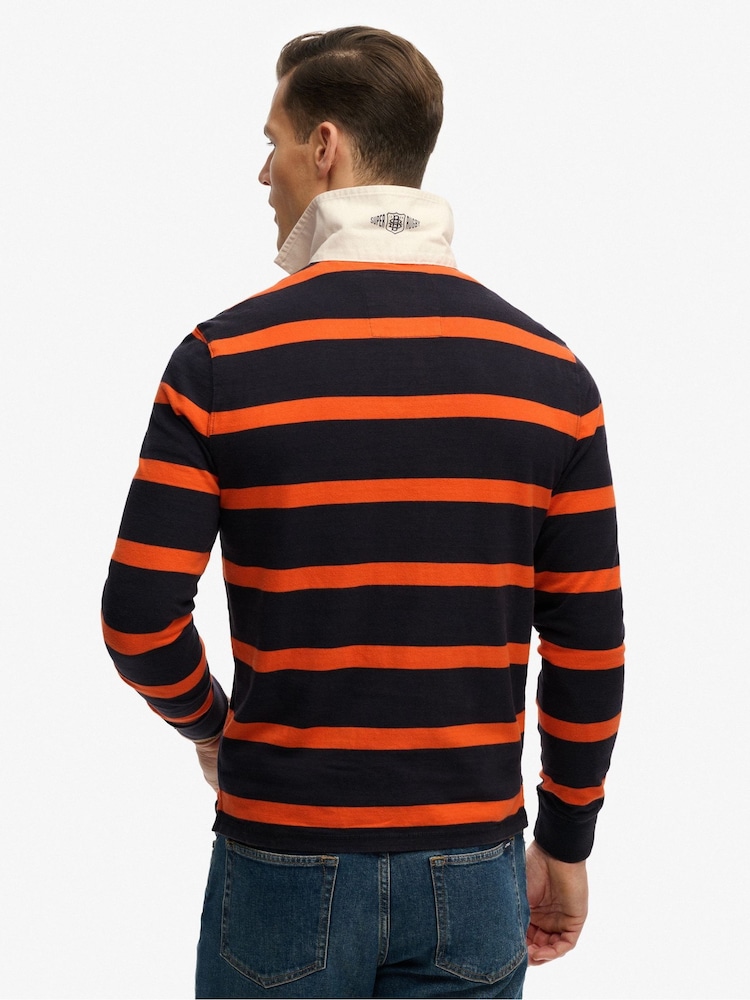 Superdry Navy Blue & Orange Stripe Double Emblem Stripe Rugby Shirt - Image 2 of 7