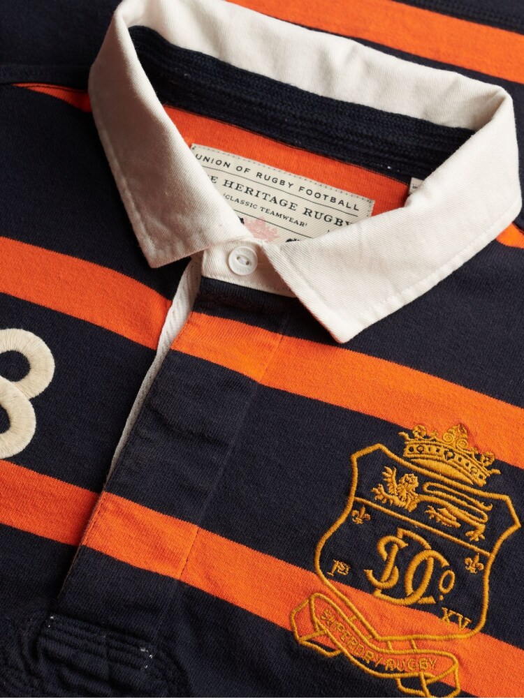 Superdry Navy Blue & Orange Stripe Double Emblem Stripe Rugby Shirt - Image 6 of 6 Superdry Navy Blue & Orange Stripe Double Emblem Stripe Rugby Shirt - Image 6 of 6