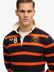 Superdry Navy Blue & Orange Stripe Double Emblem Stripe Rugby Shirt - Image 8 of 10