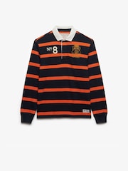 Superdry Navy Blue & Orange Stripe Double Emblem Stripe Rugby Shirt - Image 9 of 10