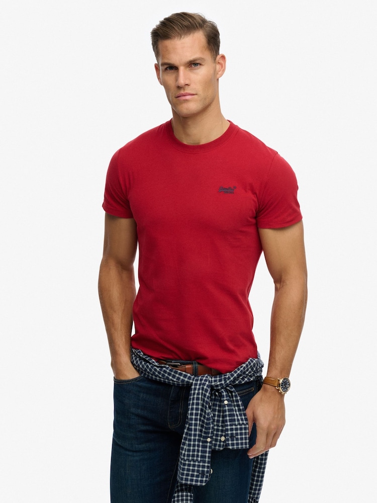 Superdry Bright Red Essential Logo Embroidery T-Shirt - Image 1 of 7 Superdry Bright Red Essential Logo Embroidery T-Shirt - Image 1 of 7