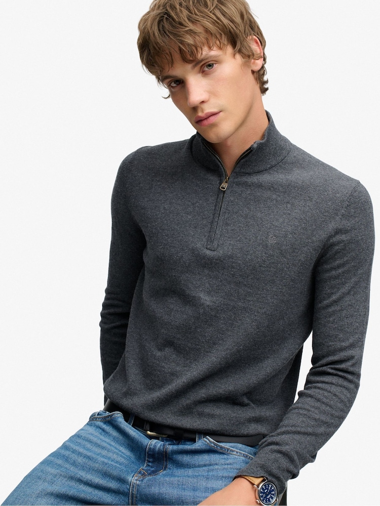 Superdry Grey Essential Lambswool Blend 1/2 Zip Jumper - Image 1 of 7