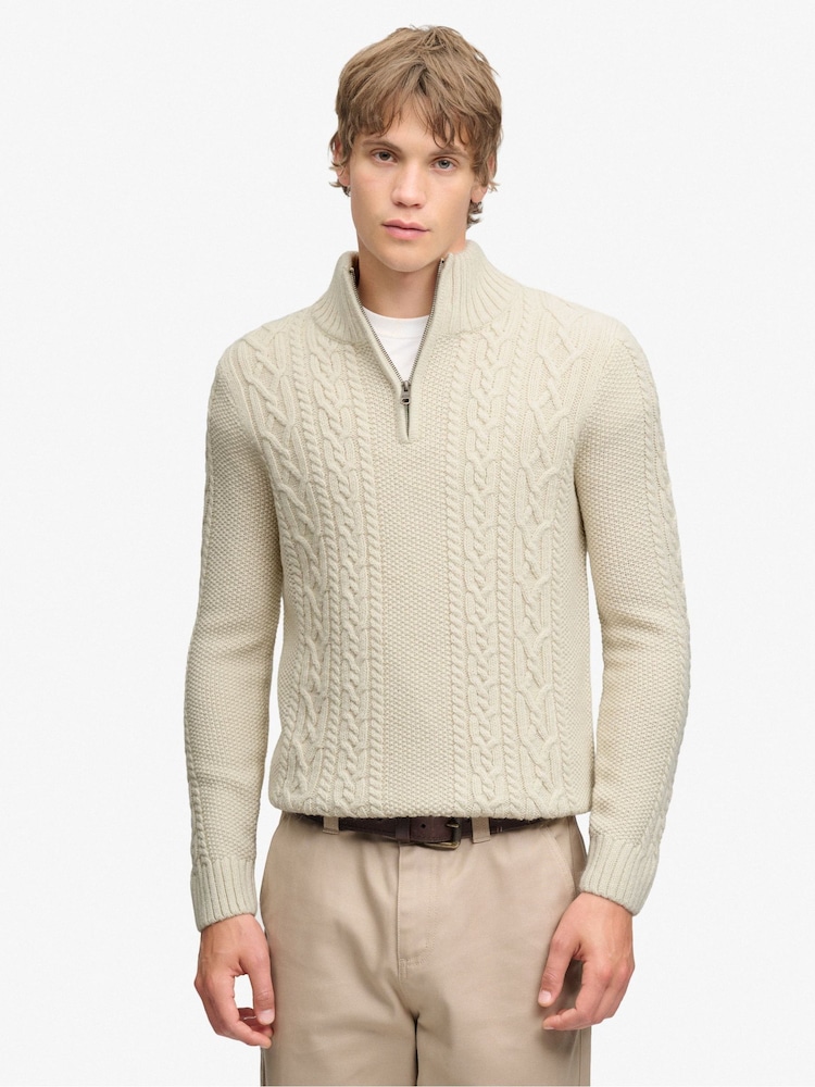 Superdry Cream Jacob Cable Half Zip Knit Jumper - Image 1 of 7