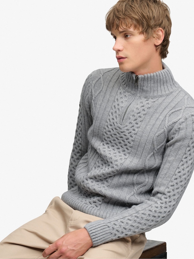 Superdry Grey Jacob Cable Half Zip Knit Jumper - Image 2 of 7