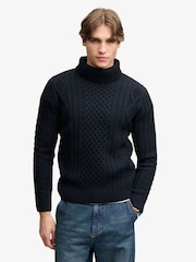Superdry Blue Jacob Cable Roll Neck Jumper - Image 1 of 6