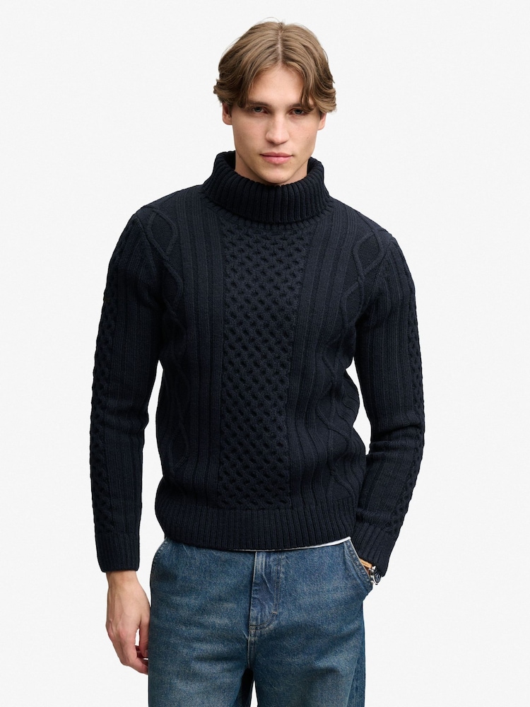 Superdry Blue Jacob Cable Roll Neck Jumper - Image 1 of 6
