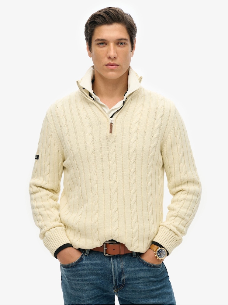 Superdry Cream Preppy Cotton Cable Half Zip Jumper - Image 1 of 7 Superdry Cream Preppy Cotton Cable Half Zip Jumper - Image 1 of 7