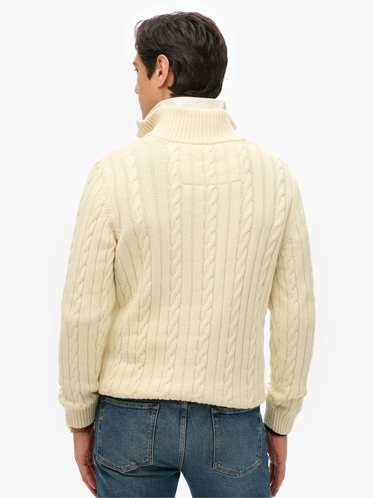 Superdry Cream Preppy Cotton Cable Half Zip Jumper - Image 2 of 7 Superdry Cream Preppy Cotton Cable Half Zip Jumper - Image 2 of 7