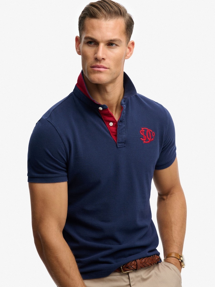 Superdry Blue Pique Monogram Polo Shirt - Image 2 of 6 Superdry Blue Pique Monogram Polo Shirt - Image 2 of 6