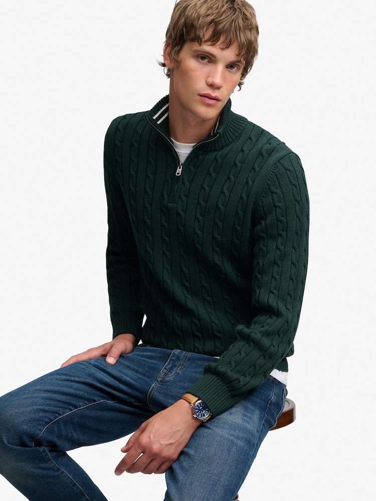 Superdry Green Preppy Cotton Cable Half Zip Jumper - Image 1 of 5