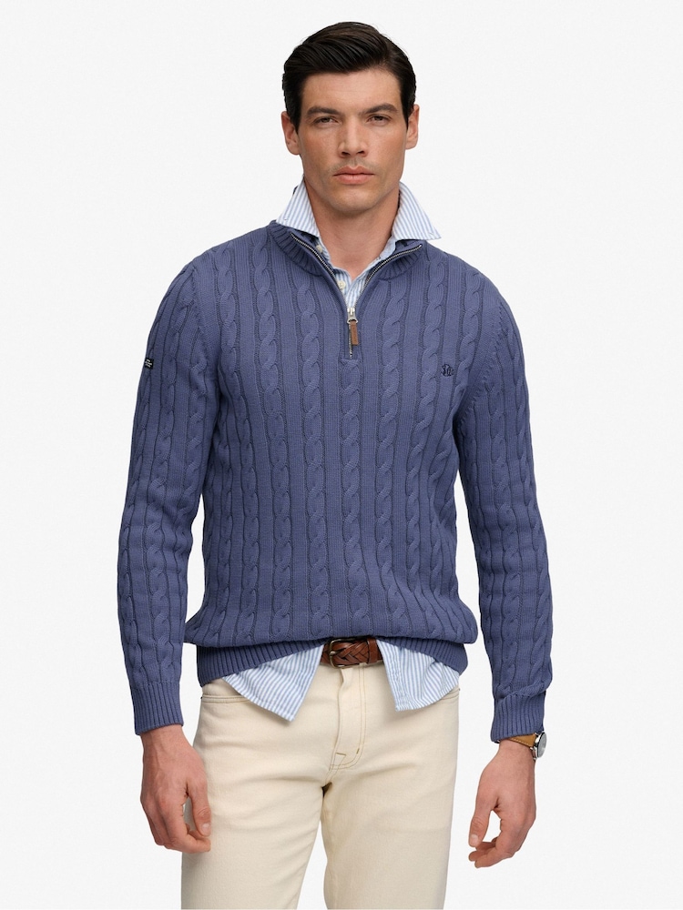 Superdry Light Blue Preppy Cotton Cable Half Zip Jumper - Image 1 of 7 Superdry Light Blue Preppy Cotton Cable Half Zip Jumper - Image 1 of 7