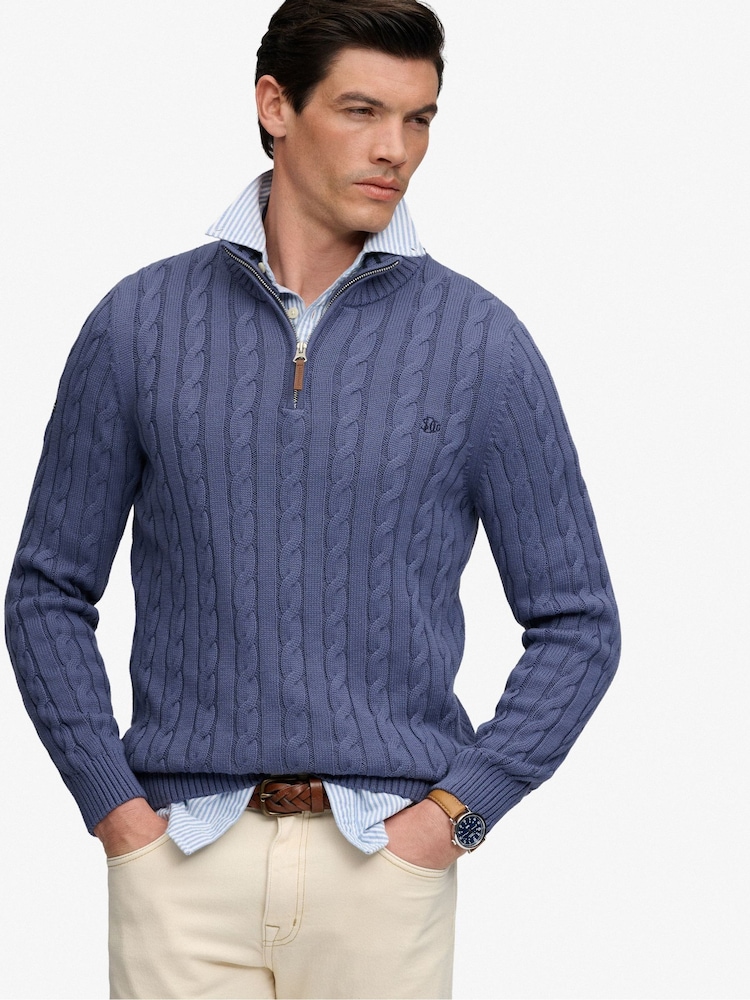 Superdry Light Blue Preppy Cotton Cable Half Zip Jumper - Image 2 of 7 Superdry Light Blue Preppy Cotton Cable Half Zip Jumper - Image 2 of 7