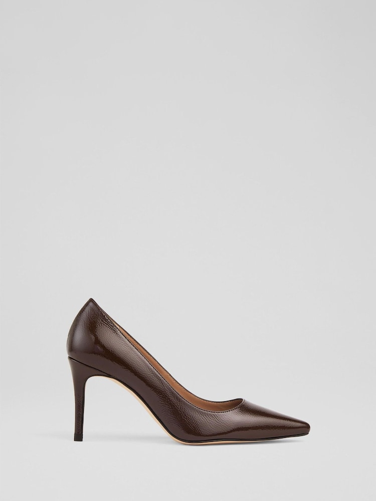 LK Bennett Brown New Floret Chocolate Patent Pointed Toe Courts - Image 1 of 4
