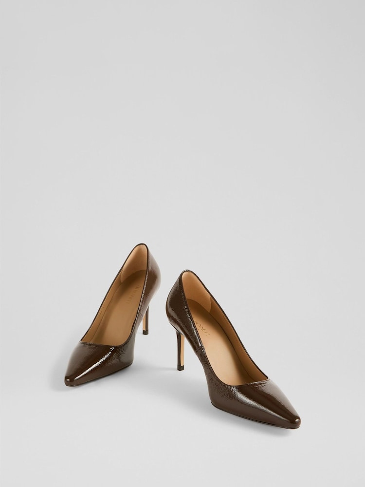 LK Bennett Brown New Floret Chocolate Patent Pointed Toe Courts - Image 2 of 4