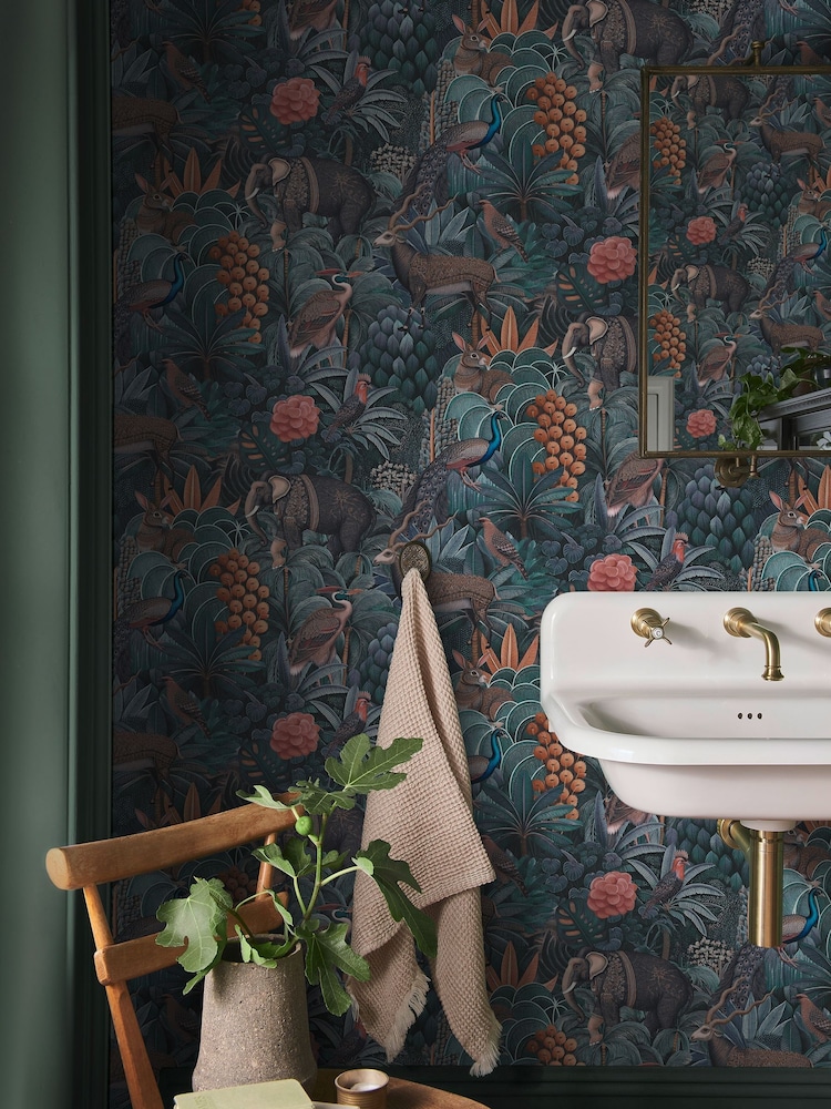 Graham & Brown Navy Teal Jungle Jamboree 10M Wallpaper - Image 1 of 3