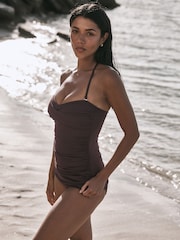 Chocolate Brown Gathered Bandeau Tummy Control Swimsuit - Image 2 of 8