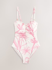 Cream/Pink Floral Shaping Tummy Control Bandeau Swimsuit - Image 5 of 8