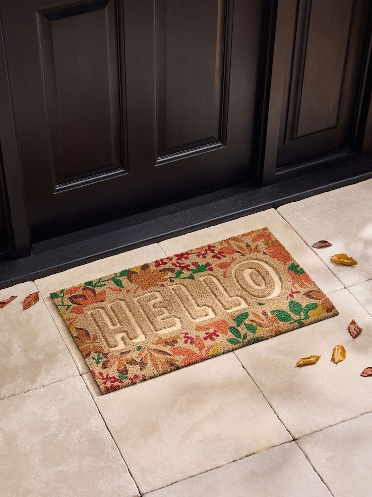 Multi Floral Embossed Hello Coir Doormat - Image 2 of 5 Multi Floral Embossed Hello Coir Doormat - Image 2 of 5