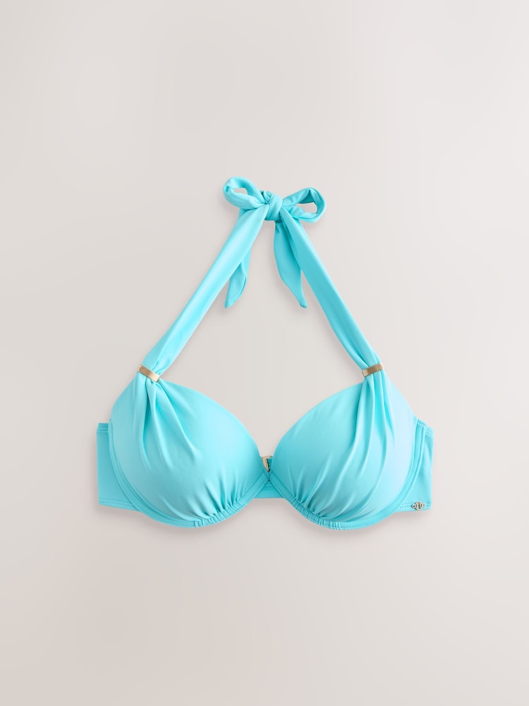 Aqua Blue Padded Shaping Wired Halter Bikini Top - Image 1 of 3