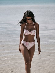 Cream/Pink Floral Padded Wired Halter Neck Bikini Top - Image 2 of 5