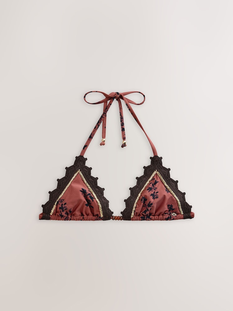 Brown Floral Crochet Beaded Triangle Bikini Top - Image 1 of 3 Brown Floral Crochet Beaded Triangle Bikini Top - Image 1 of 3