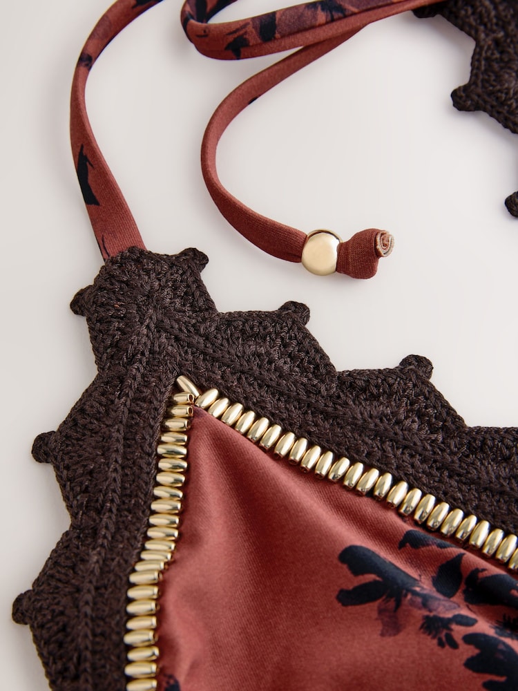 Brown Floral Crochet Beaded Triangle Bikini Top - Image 2 of 3 Brown Floral Crochet Beaded Triangle Bikini Top - Image 2 of 3