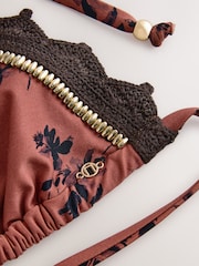Brown Floral Crochet Beaded Triangle Bikini Top - Image 3 of 3