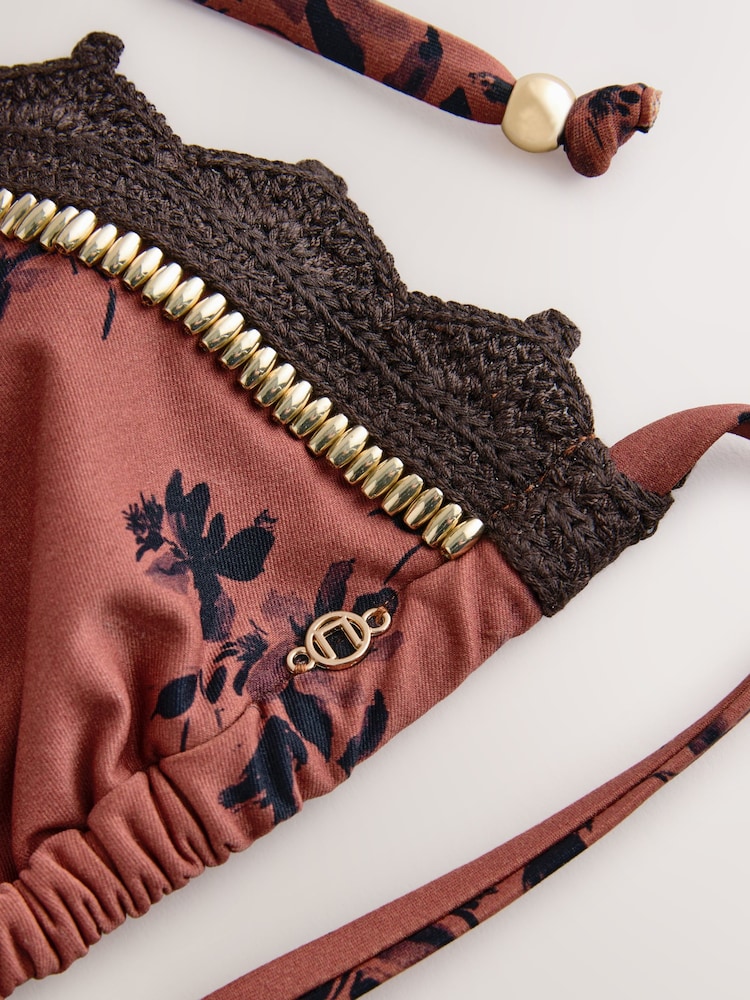 Brown Floral Crochet Beaded Triangle Bikini Top - Image 3 of 3 Brown Floral Crochet Beaded Triangle Bikini Top - Image 3 of 3