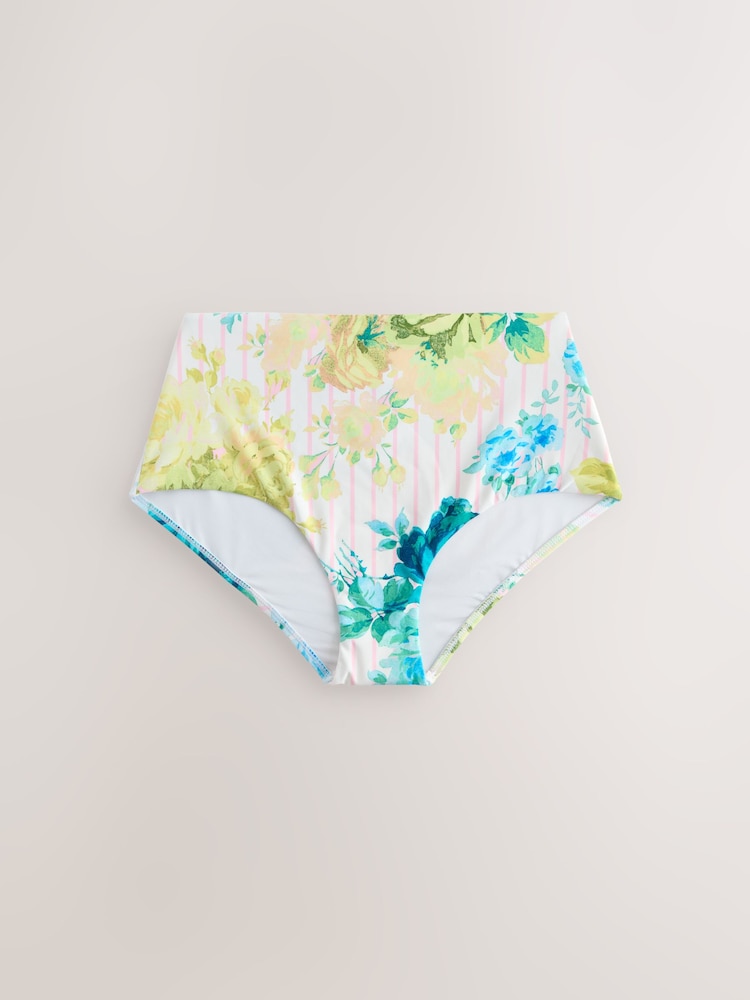 Cream/Pink Stripe Floral High Waist Print Bikini Bottoms - Image 1 of 3 Cream/Pink Stripe Floral High Waist Print Bikini Bottoms - Image 1 of 3