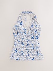 Cream/Blue Ditsy Floral - Top de tankini con cuello halter y efecto vientre plano - Imagen 7 de 9