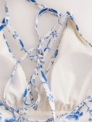 Cream/Blue Ditsy Floral - Top de tankini con cuello halter y efecto vientre plano - Imagen 9 de 9