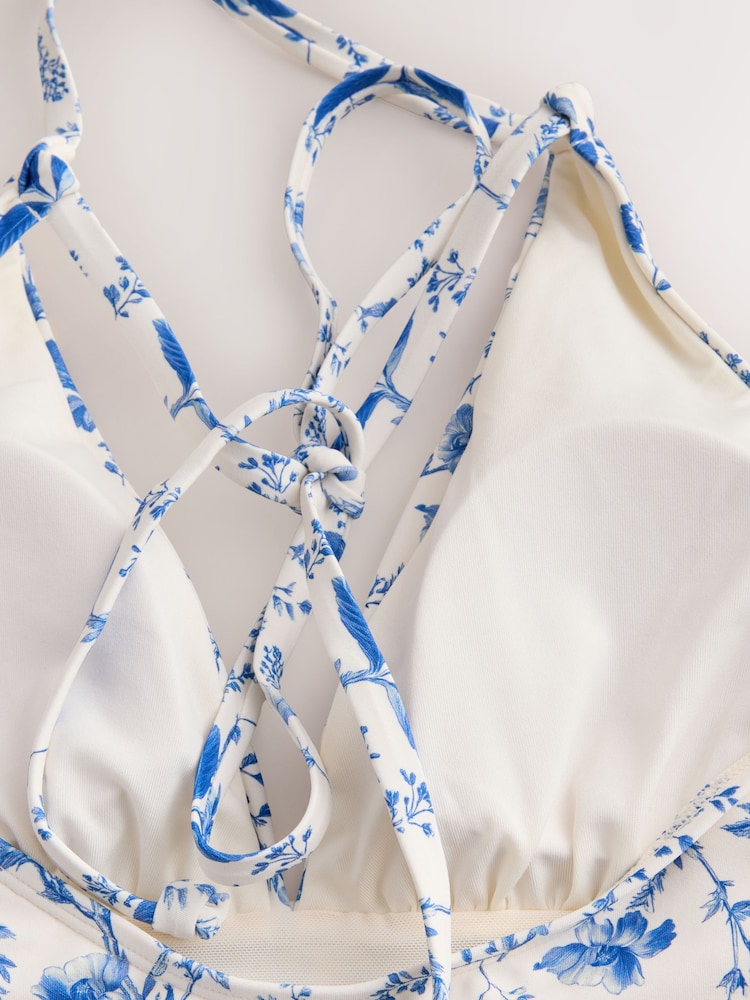 Cream/Blue Ditsy Floral - Top de tankini con cuello halter y efecto vientre plano - Imagen 9 de 9