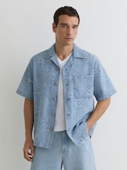 Reiss Soft Blue Merito Denim Jacquard Short-Sleeve Shirt - Image 1 of 7