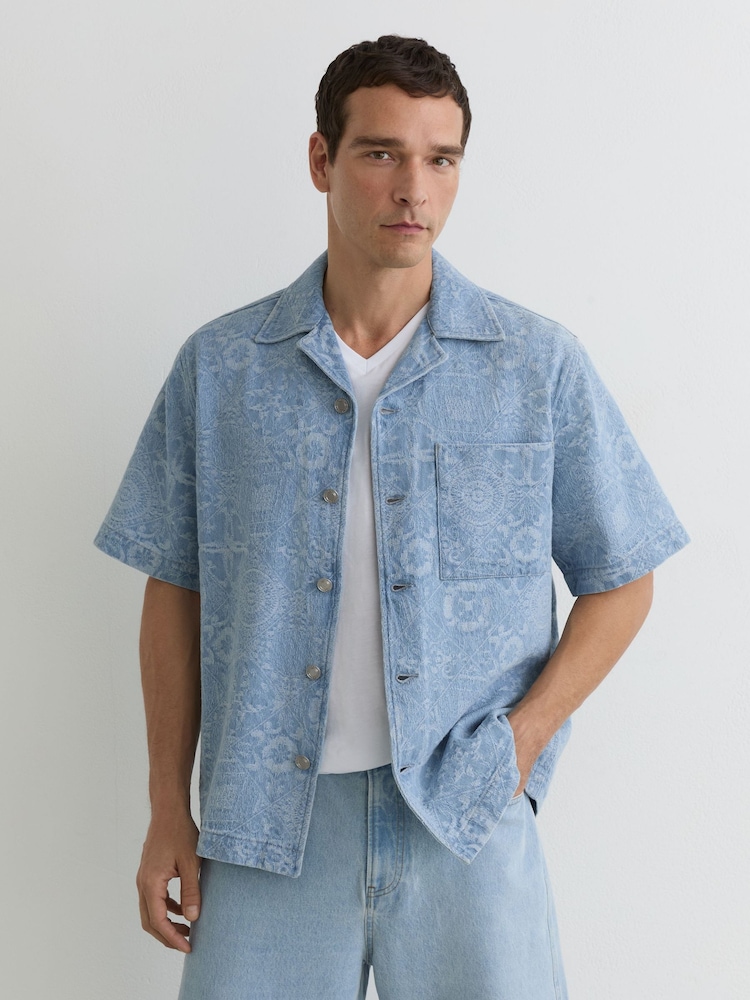 Reiss Soft Blue Merito Denim Jacquard Short-Sleeve Shirt - Image 1 of 7