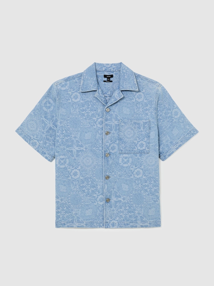 Reiss Soft Blue Merito Denim Jacquard Short-Sleeve Shirt - Image 2 of 7