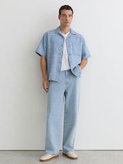 Reiss Soft Blue Merito Denim Jacquard Short-Sleeve Shirt - Image 4 of 7