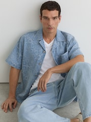 Reiss Soft Blue Merito Denim Jacquard Short-Sleeve Shirt - Image 5 of 7