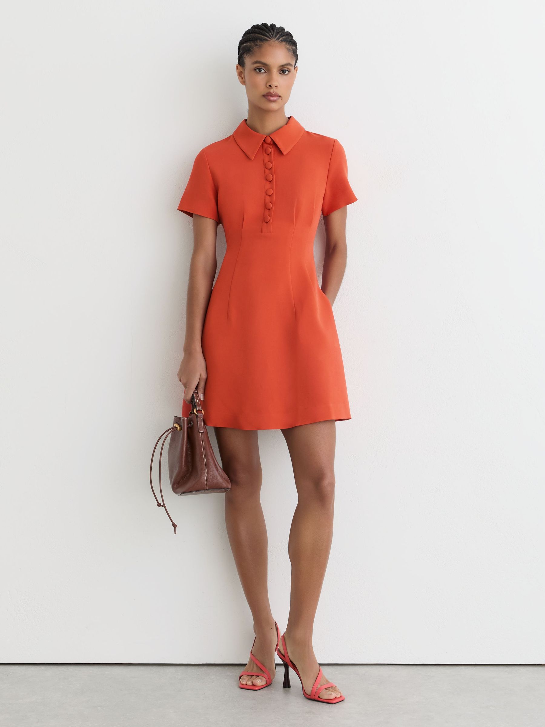 Buy Reiss Coral Orange Marlie Half-Button Flippy Mini Dress from