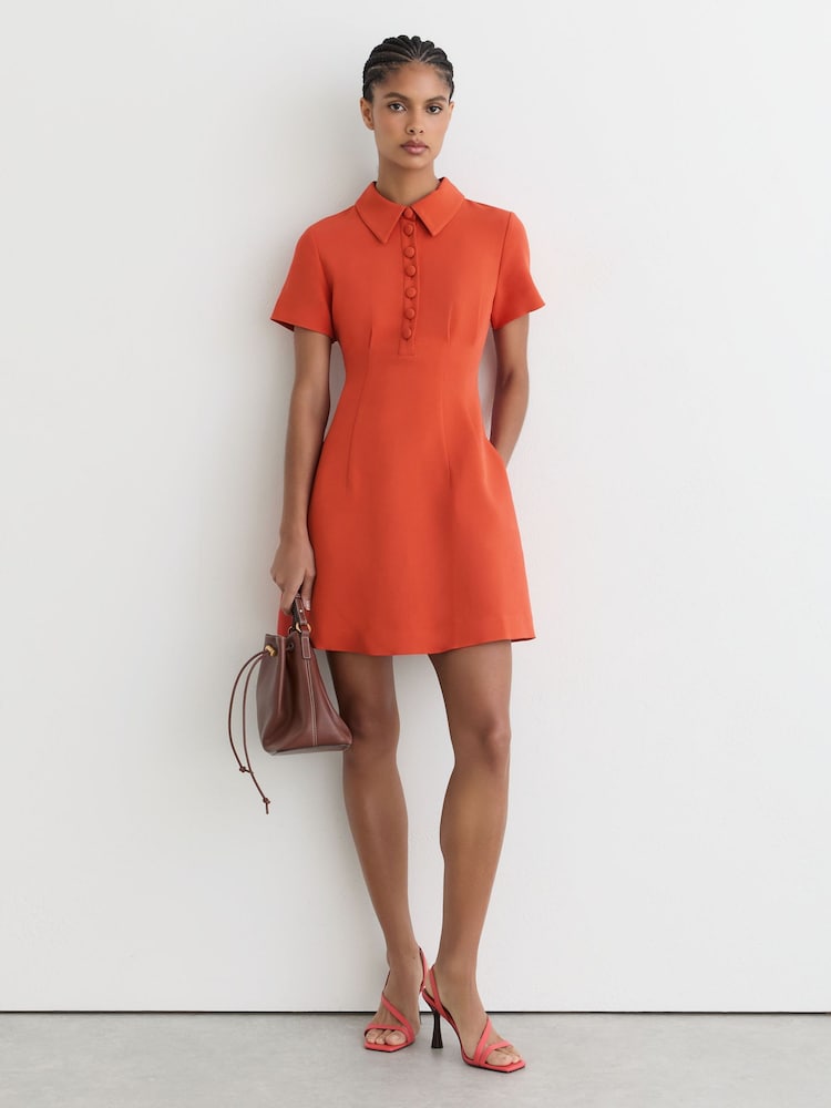 Reiss Coral Orange Marlie Half-Button Flippy Mini Dress - Image 1 of 7 Reiss Coral Orange Marlie Half-Button Flippy Mini Dress - Image 1 of 7