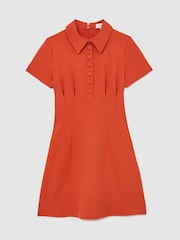 Reiss Coral Orange Marlie Half-Button Flippy Mini Dress - Image 2 of 7