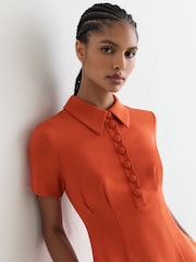 Reiss Coral Orange Marlie Half-Button Flippy Mini Dress - Image 3 of 7