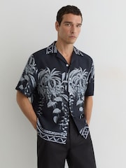 Reiss Navy Camino Palm-Print Cuban-Collar Shirt - Image 1 of 7