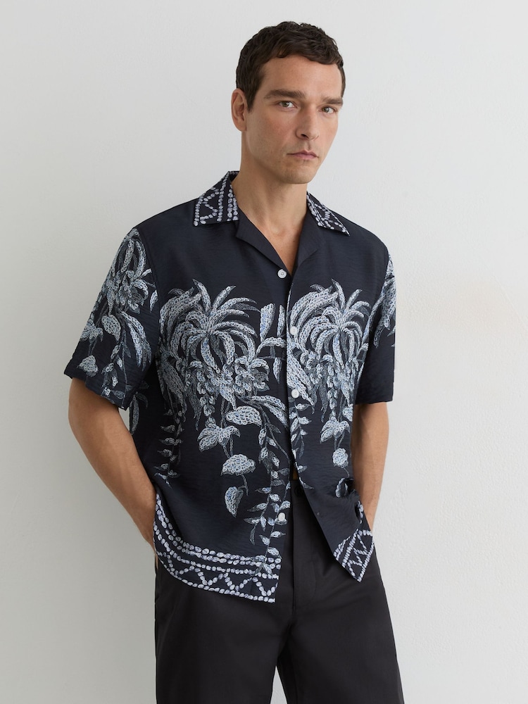 Reiss Navy Camino Palm-Print Cuban-Collar Shirt - Image 1 of 7