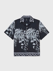 Reiss Navy Camino Palm-Print Cuban-Collar Shirt - Image 2 of 7