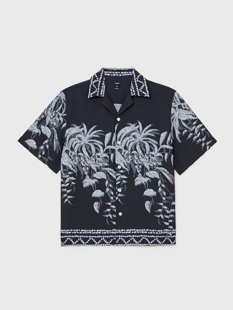 Reiss Navy Camino Palm-Print Cuban-Collar Shirt - Image 2 of 7